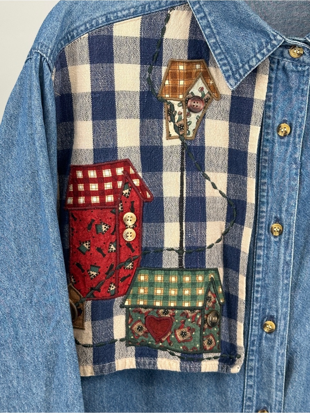 Vintage Medium Denim Button-Up Shirt Patchwork Embroidered Blue Americana - Picture 3 of 9